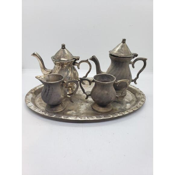Vintage Silver Plated Miniature Tea Set Coffee Tea Pot Tray Creamer Sugar - Picture 10 of 16